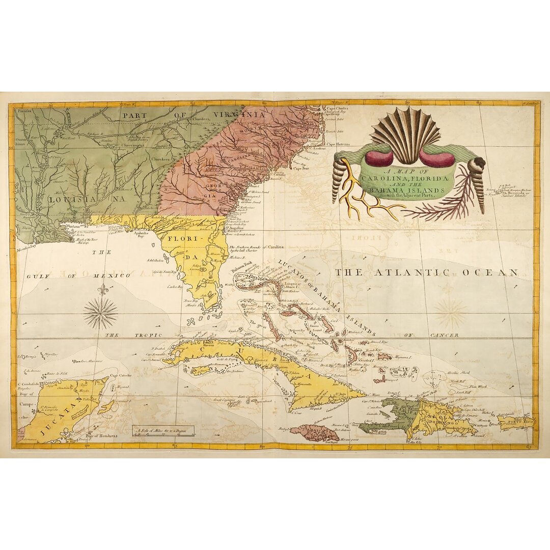 Leinwandbild Karte von Carolina, Florida & den Bahama Inseln von Mark Catesby