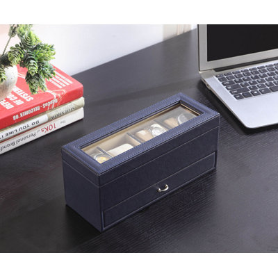 9.3" Long Tempered Glass And Leather Jewelry / Watch Display With Drawers, Blue