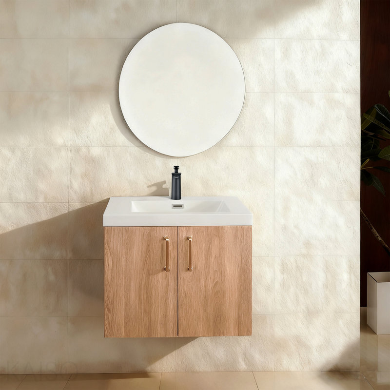 Ensemble de meuble-lavabo moderne 24 po avec lavabo, portes d'armoires flottantes murales, poignées dorées, ensemble de meuble-lavabo en résine blanche