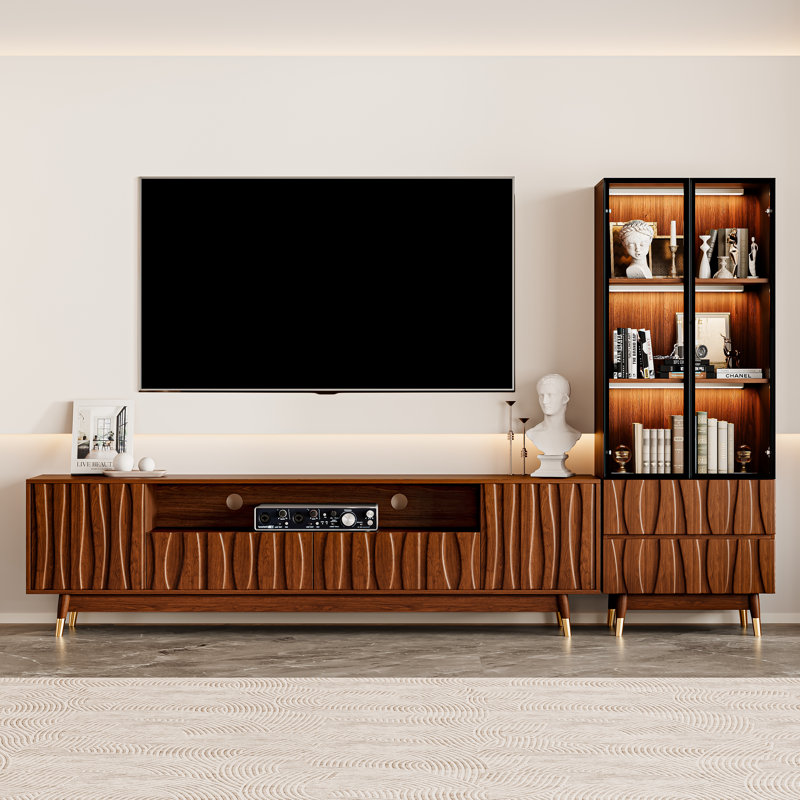 90.6'' Brown Fluted Entertainment Center With Bookshelves For 55/58/65 Inch TV, Wood Mid-century Modern Media Console With Solid Wood Splayed Legs And Relief Panel Includes 66.8" TV Stand And 3-tier Glass Display Bookcase For Living Room Bedroom Study