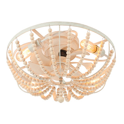 Caidenn Bohemian Wood with Beads Low Profile Recessed Ceiling Fan with Light, Bulb not Included