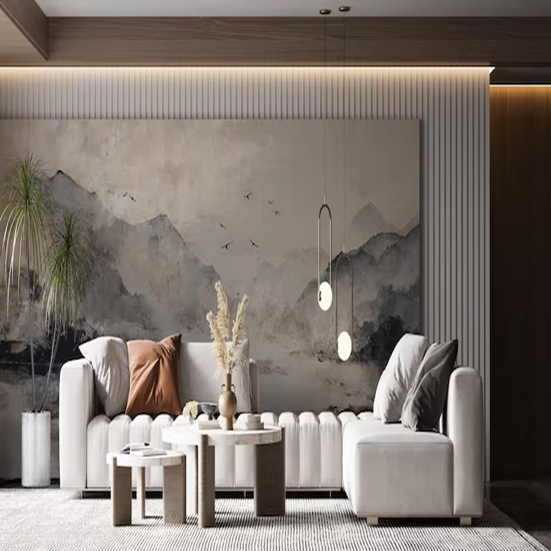 Abstract Neutral Mountain Lake Landscape Wall Mural, 108" L x 160" W