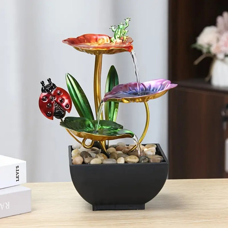 Fontaine de table à 3 niveaux alimentée par USB, pédales en métal avec insectes, roches de rivière naturelles et éclairage réfléchissant! Pour la décoration de maison et de bureau, sculpture de pendaison de crémaillère