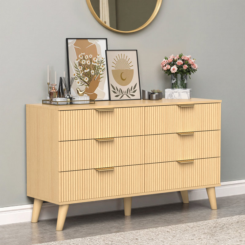 Commode d'appoint en bois naturel à 6 tiroirs, Jaune