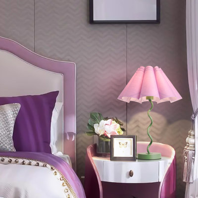 21.25in Green Spiral Table Lamp with Scalloped Pleated Purple Shade