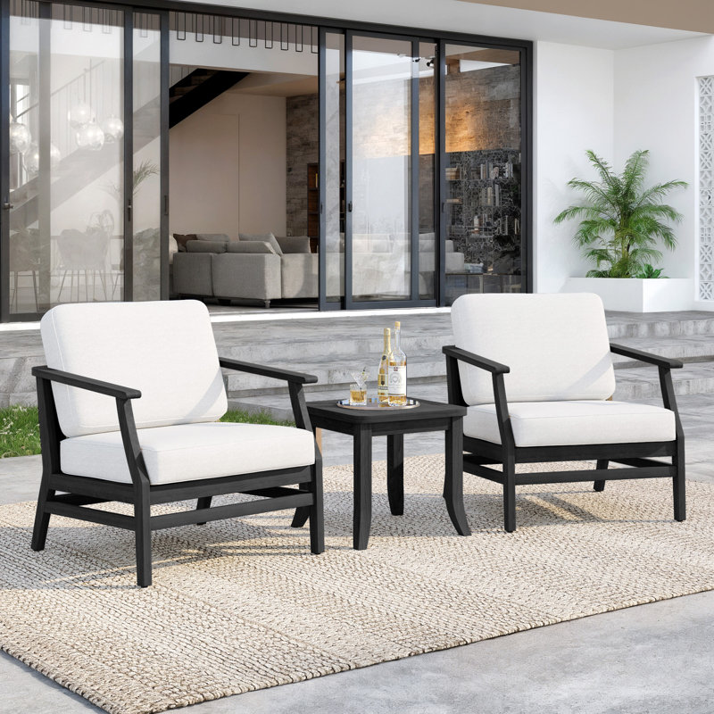 Polett Teak Outdoor Two-person Patio Set With Cushions And Side Table, Beige, Black