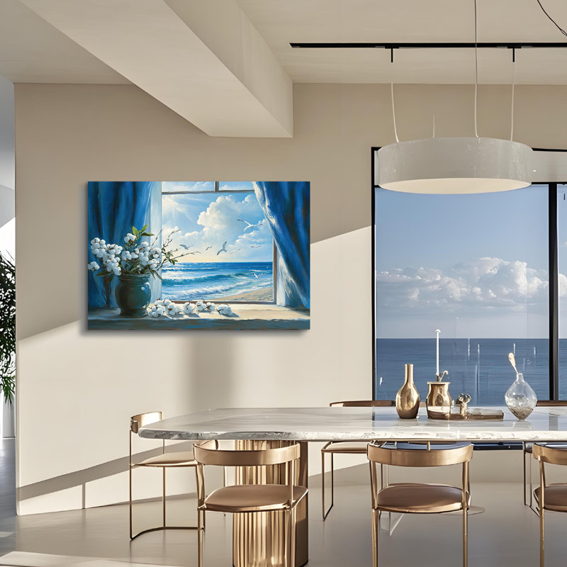 Art mural rustique pour salon, fenêtre, paysage marin, paysage marin, peinture, océan, affiche, œuvre d'art encadrée