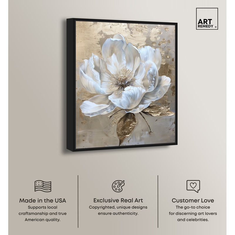 Art Remedy Athenas Flower White and Gold Canvas Print with Black Frame