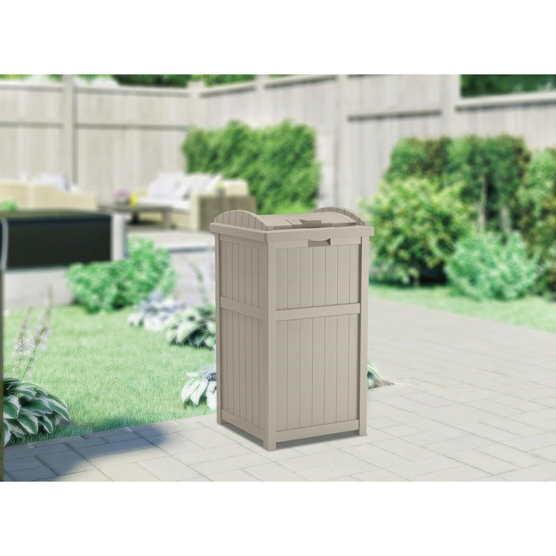 The 33 Gallon Durable Plastic Hideaway Outdoor Garbage Can with Secure Lid and Wicker Design, Taupe