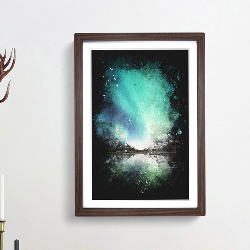 Northern Lights over Skagsanden Beach - Picture Frame Graphic Art Print, 33cm H x 24cm W x 2cm D, Walnut Framed