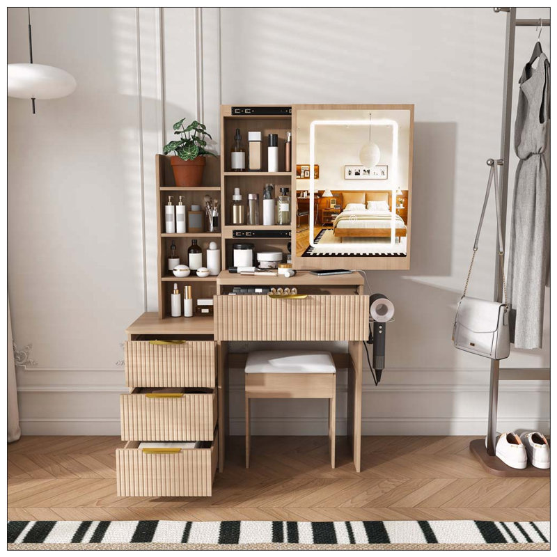 Bureau de coiffeuse moderne avec éclairage DEL, prise de courant et rangement, Noyer