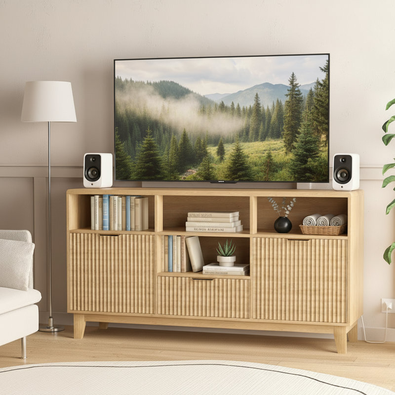 58" Wide Fluted Sideboard With Charging Station & Lighting - Natural Oak