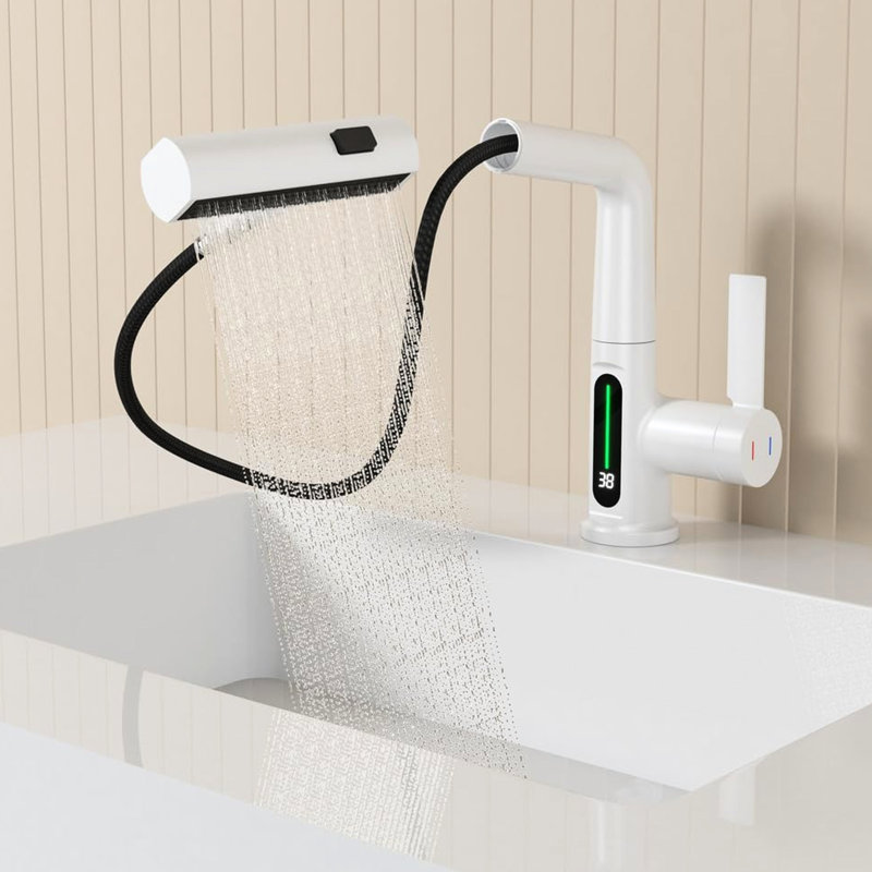 White Bathroom Basin Faucet Featuring Pull-Out Lift & Led Temp Display - 360 Rotatable, 31 Spout Modes, Adjustable Height Tap With