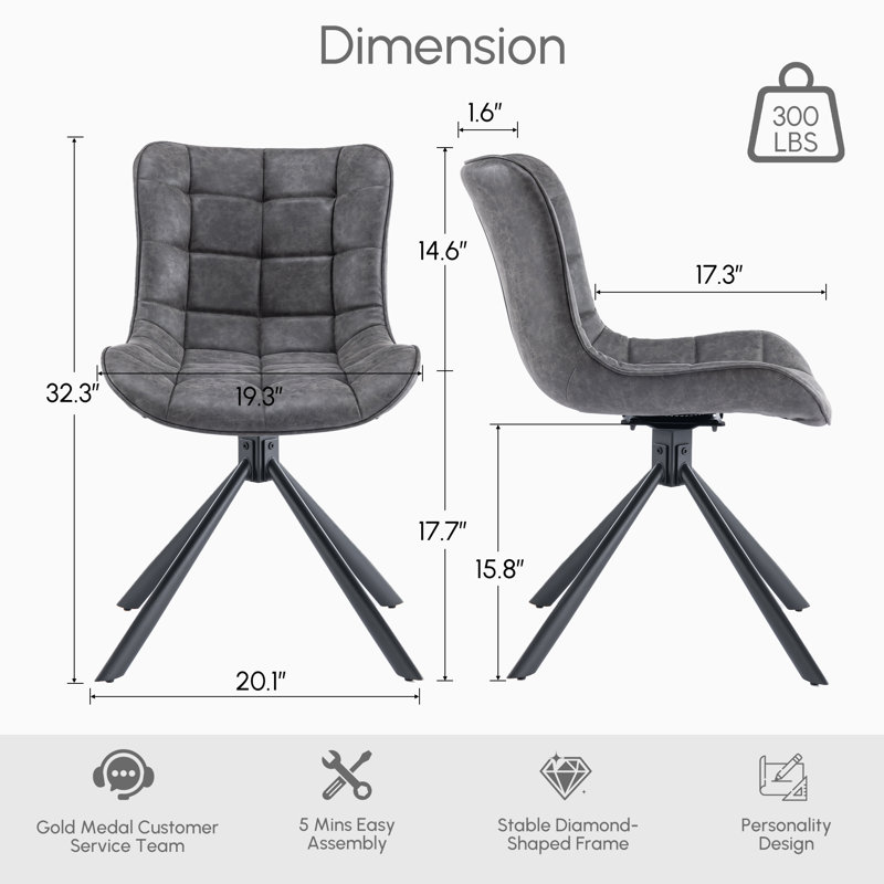 Chaises de salle à manger capitonnées pivotantes rembourrées en cuir avec pieds en métal, Gris foncé