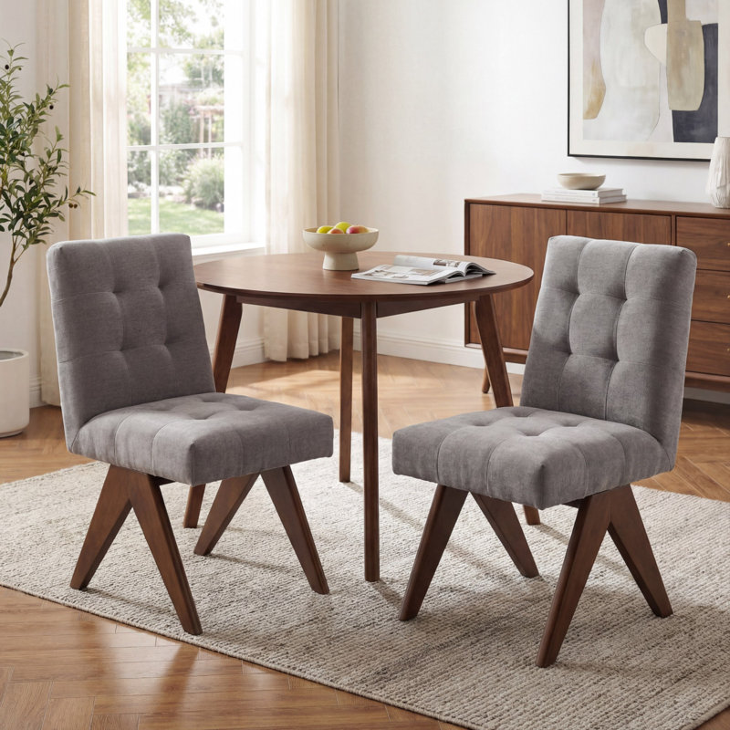 Chaise de salle à manger capitonnée en lin rembourrée sans accoudoirs avec pieds en bois massif, Gris clair