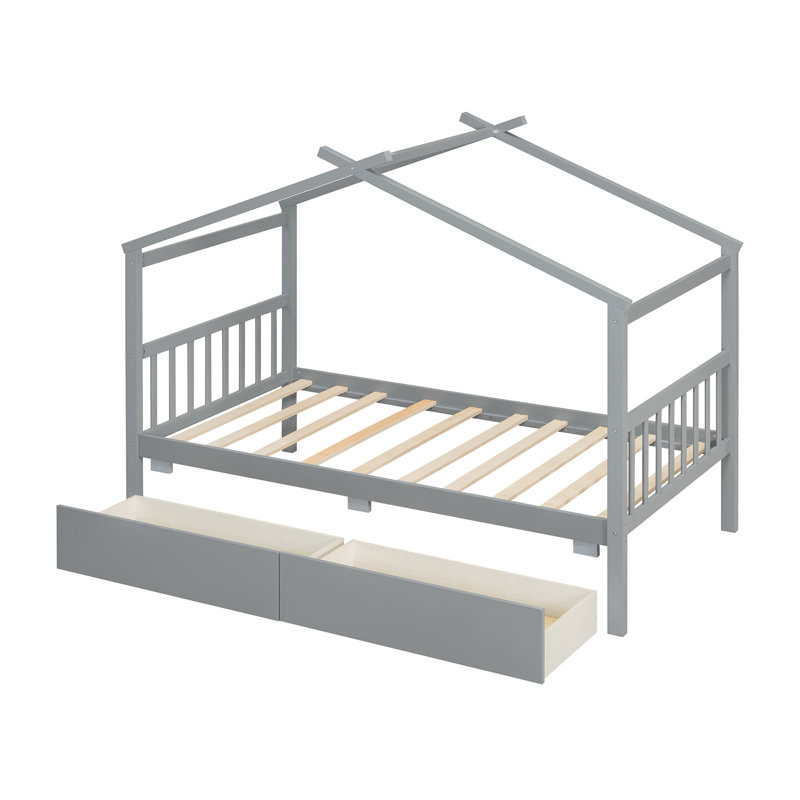 Lit simple en bois avec tiroirs, gris, Gris