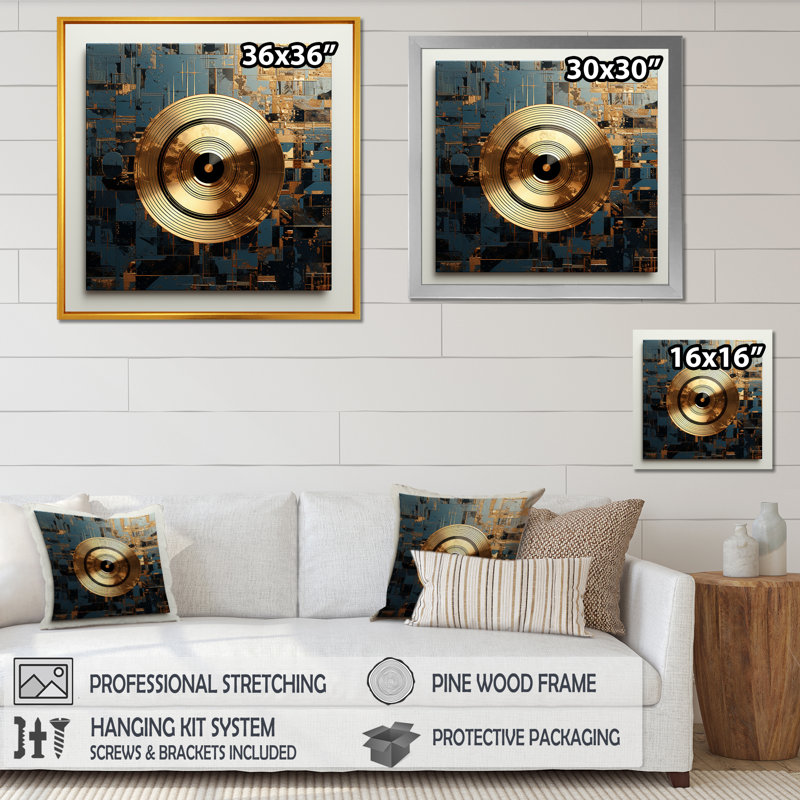 Or et gris, vinyle, disque Melody I - Vinyle, reproduction d'art sur toile encadrée, Toile tendue, H 16 po x l 16 po x P 1 po