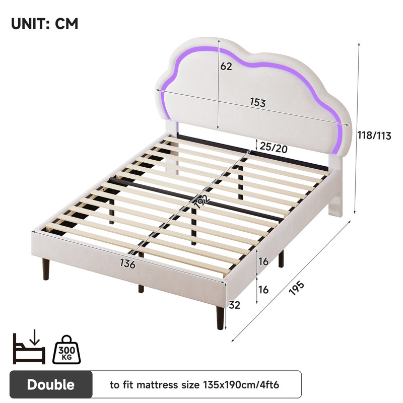 Upholstered Bed With Adjustable  Headboard Velvet, Double (4'6), White