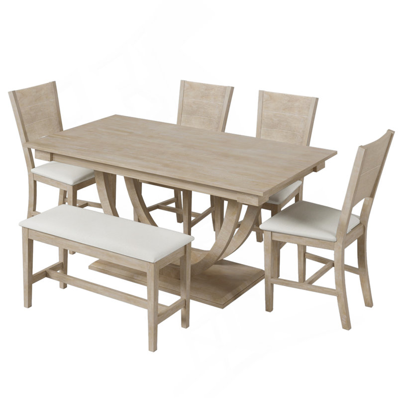 6-Piece Wood Half Round Dining Table Set Kitchen Table Set With Long Bench And 4 Dining Chairs, Modern Style, Natural