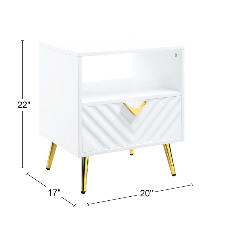 Table de bout avec aspect blanc ultrabrillant, tiroir de rangement simple, pieds en métal, motif ondulé, rangement ouvert à glissière latérale à extension de 2/3 po, matériau, profondeur de produit 20 po, largeur 17 po, hauteur de l 22 po, 1 pièce principale