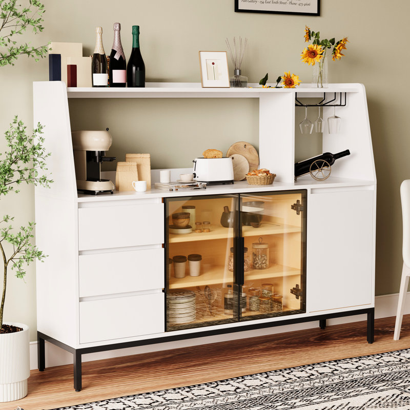 Buffet blanc avec 3 tiroirs, casier de porte en verre et porte-gobelet à vin pour la cuisine
