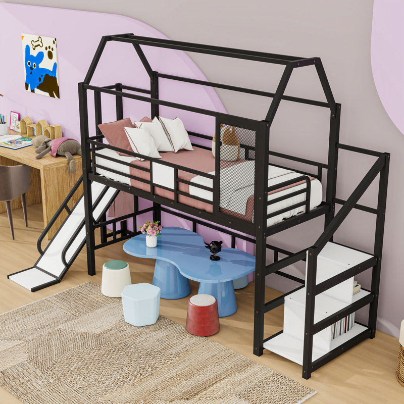 House Loft Bed With Slide And Stairs, Twin, Black