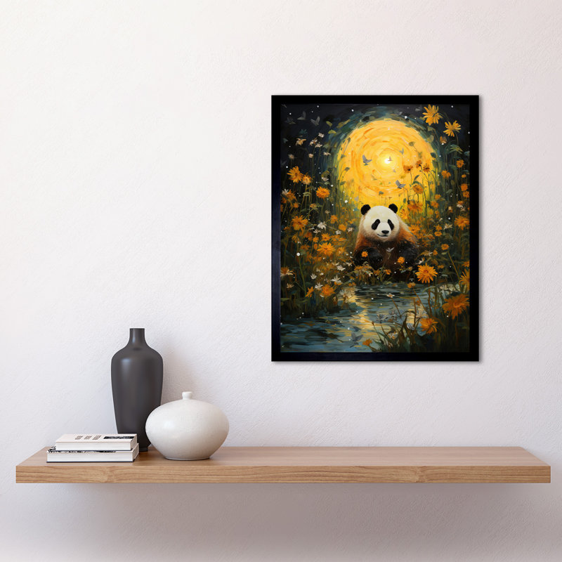 Harvest Moon Panda Landscape Painting Wildflower Meadow - Single Picture Frame Print