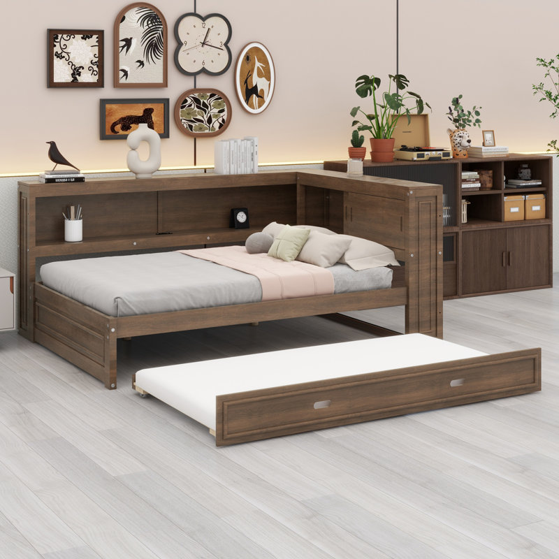 Lit de jour avec tablettes de rangement, USB, DEL et lit gigogne, Antique Wood