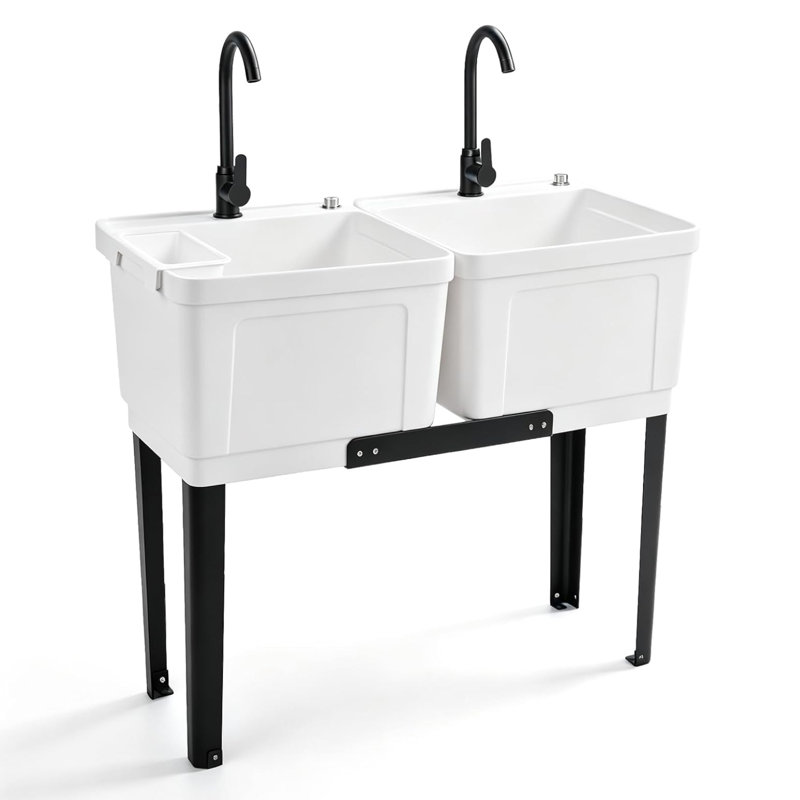 30 Gallon Double Basin Utility Sink Plastic Sink Freestanding Wash Station with Faucet