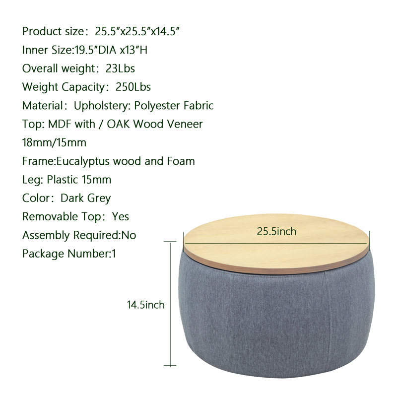 Repose-pieds de rangement rond 25,5 po x 25,5 po x 14,5 po avec plateau amovible et coussin en tissu de polyester, pour le salon, la chambre à coucher (gris)