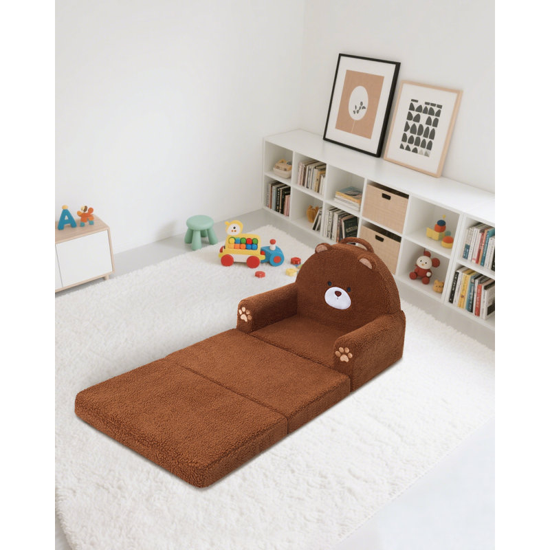 Sherpa Bear Kids Foldable Convertible Sofa, 2-in-1 Soft Flip-Out Lounger Chair with Removable Washable Cover for Nursery & Playroom