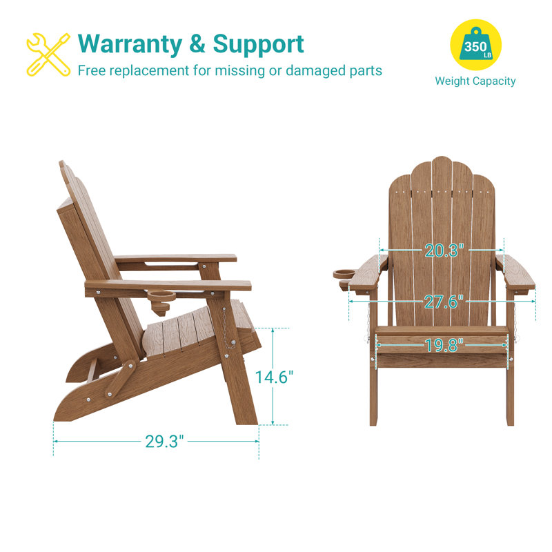 Weather Resistant HDPE Folding Adirondack Chair with Cup Holder, Easy Assemble Outdoor Adirondack Chair for Patio, Yard and Pool