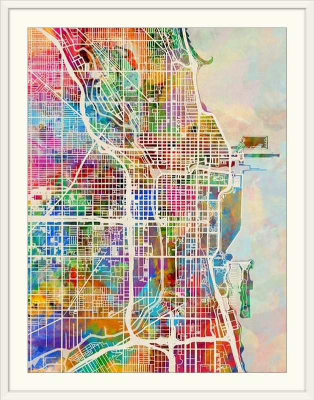 «Chicago City Street Map» par Francy, impression, Cadre blanc, H 24 po x l 20 po x P 1 po