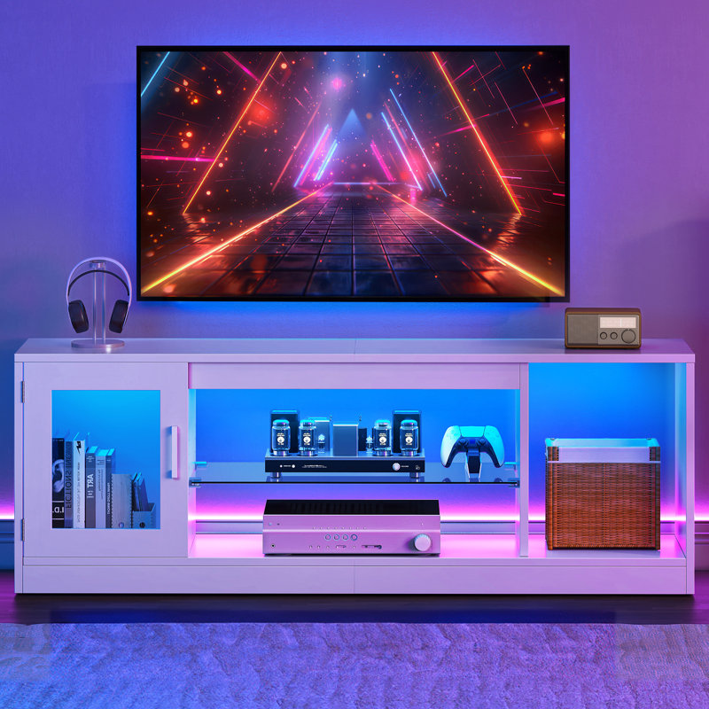 LED TV Unit for TVs up to 65 Inch, TV Cabinet , Gaming Entertainment Center with Adjustable Glass Shelf, White