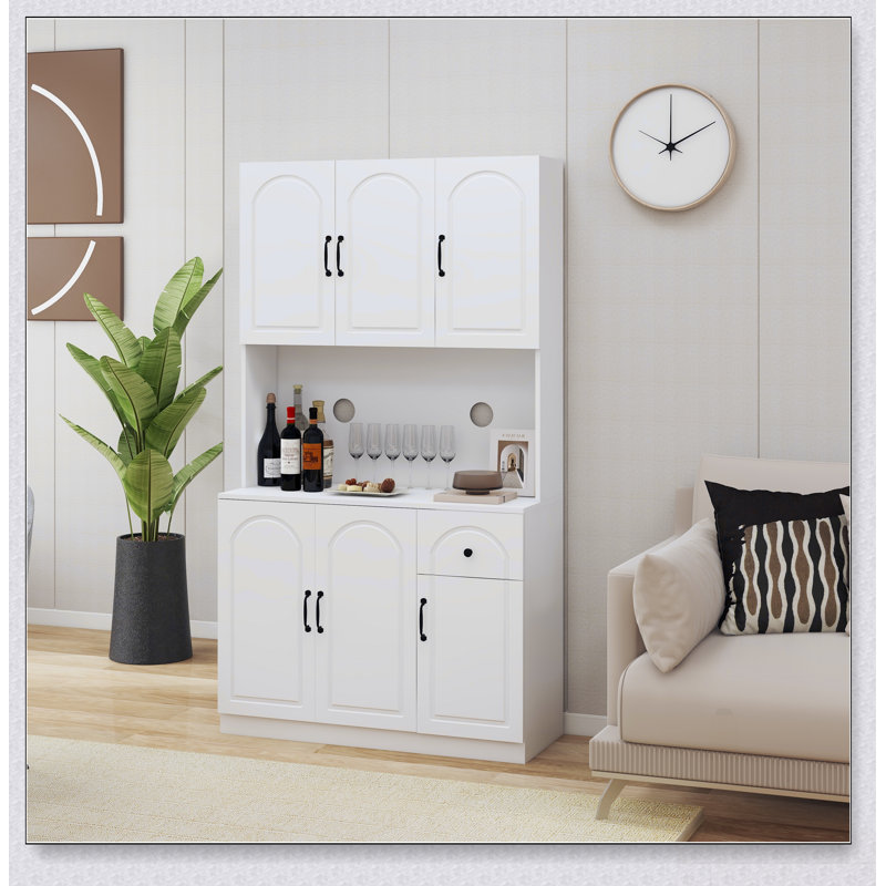 Armoire de cuisine autoportante avec tablettes réglables, comptoir de four à micro-ondes et grand espace de rangement, Blanc
