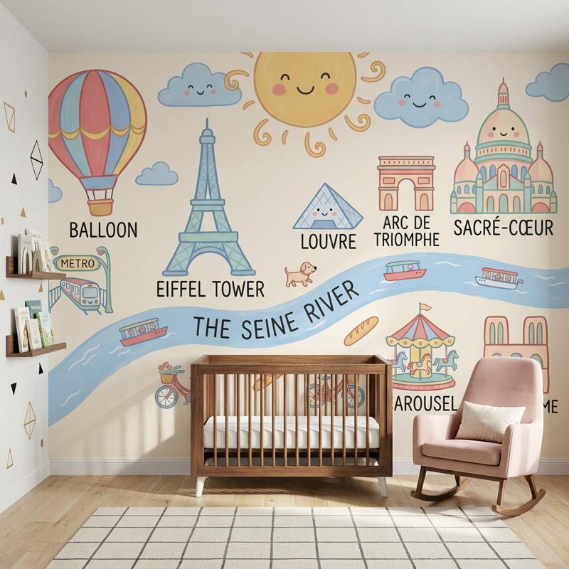 Papier peint montgolfière tour Eiffel, 100 po x 96 po, Non tissé