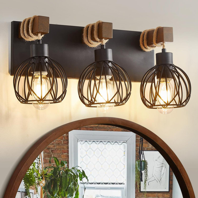 Rustic Black Wood and Rattan 3-Light Vanity Fixture