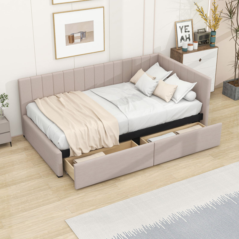 Lit de jour simple tapissier 2 tiroirs avec lattes robustes, Beige