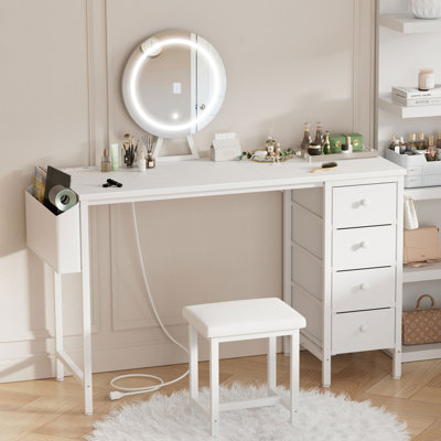 Built-In Outlets Makeup Desk With Mirror And Light- Vanity Set Table With Chair & Drawers
