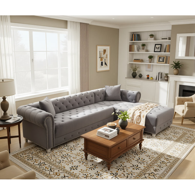 Joannette 112.6'' Wide Traditional Tufted Sectional Sofa Chaise with Nail Trim & 2 Pillows, Gray Polyester Blend