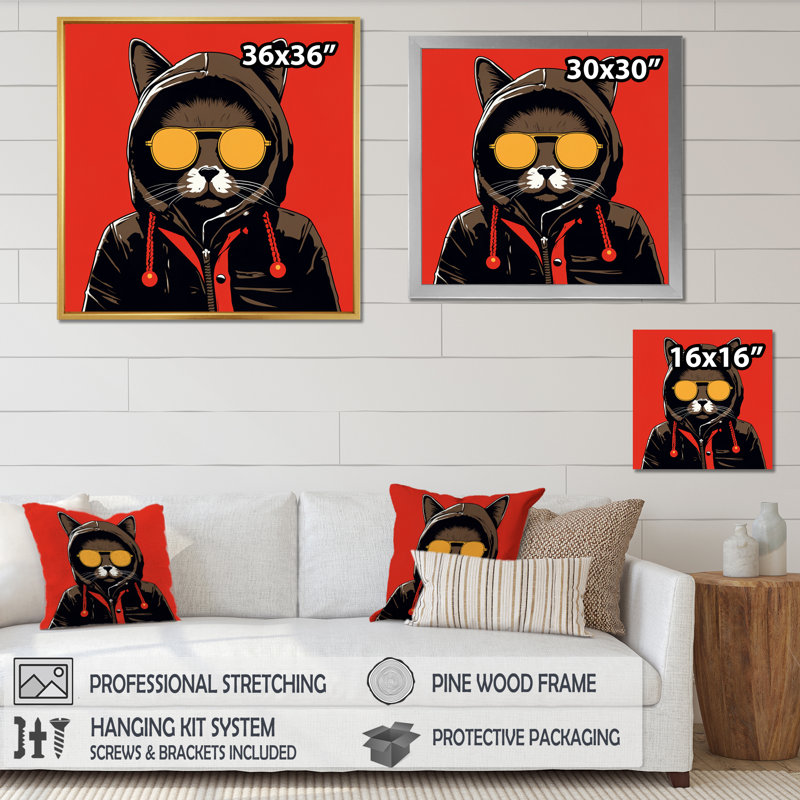 Chat froid avec lunettes de soleil - imprimé, Cadre flottant noir, H 24 po x l 24 po x P 1 po