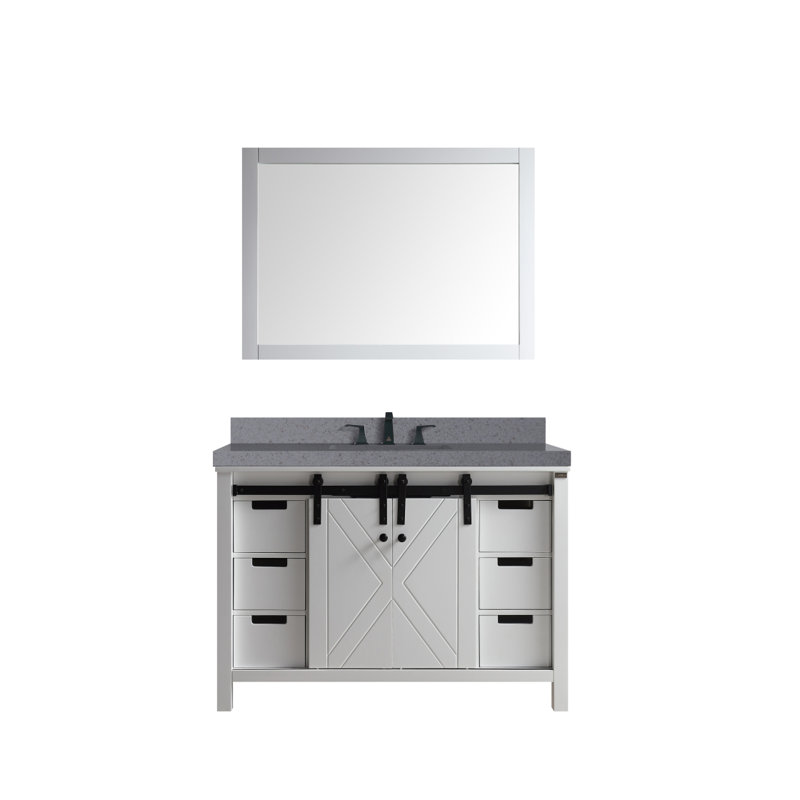 Meuble-lavabo blanc 48 po X P 22 po P, comptoir en quartz gris, ensemble de robinets et Miroir, Quartz gris, Blanc