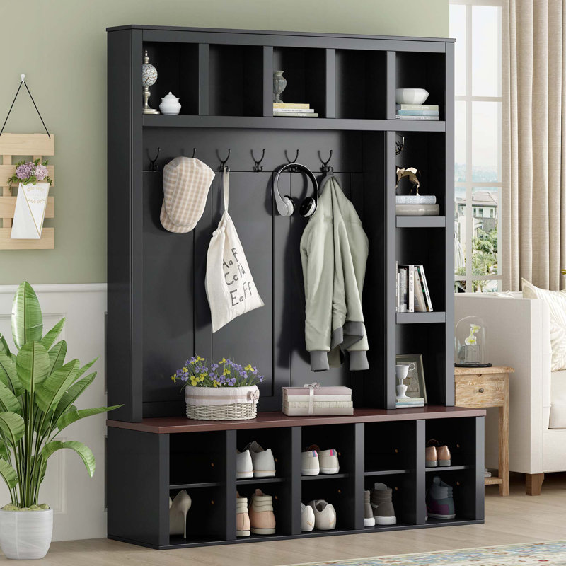 Hall Tree with 6 Hooks,Storage Bench with Adjustable Shelves, 4-in-1 Entryway Shoe Cabinet with 13 Cubbies, Black