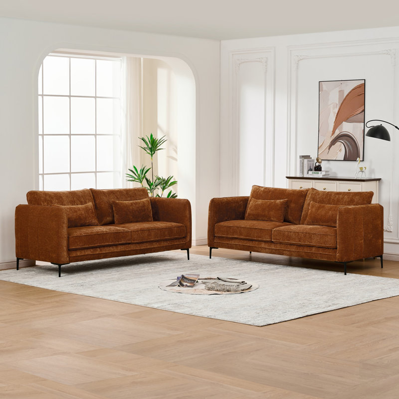 Canapé rembourré en chenille 3 + 3 places avec pieds en métal, confortable et élégant pour le salon et l’appartement, Caramel