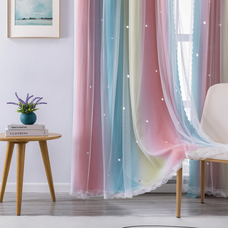 Rideaux arc-en-ciel pour chambre d'enfant - occultant, 1 panneau avec décalcomanies murales licorne, Rose / gris / bleu