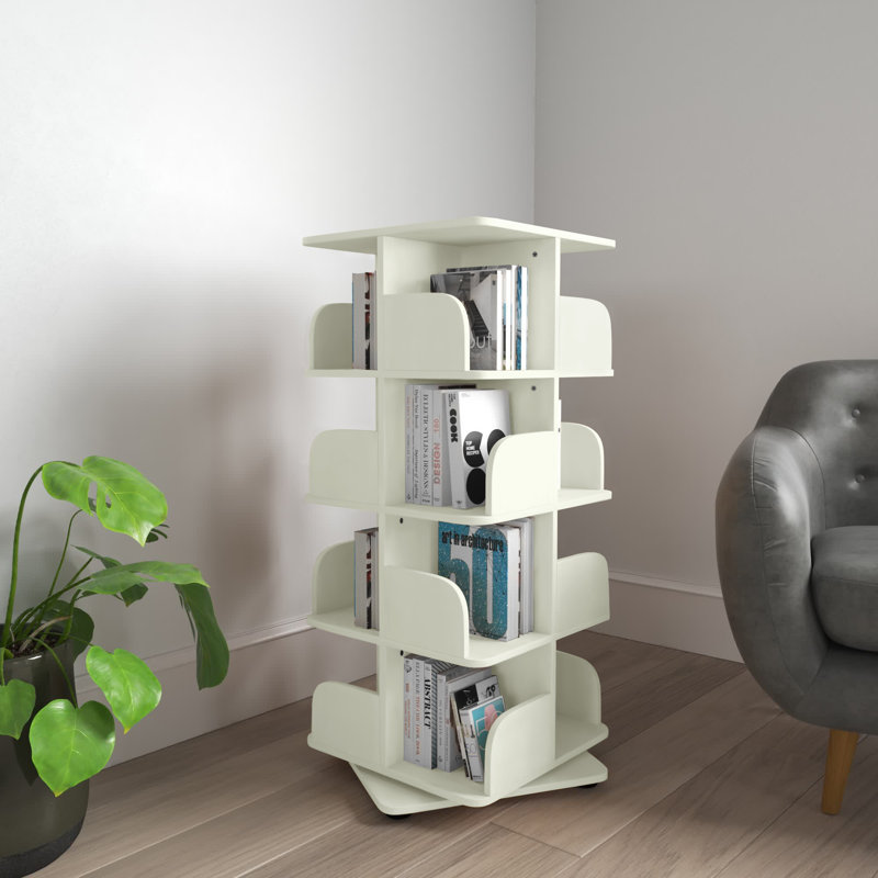 Bibliothèque rotative en bois Holthaus avec tablettes de rangement ouvertes pour livres, DVD et présentoir multimédia, Blanc