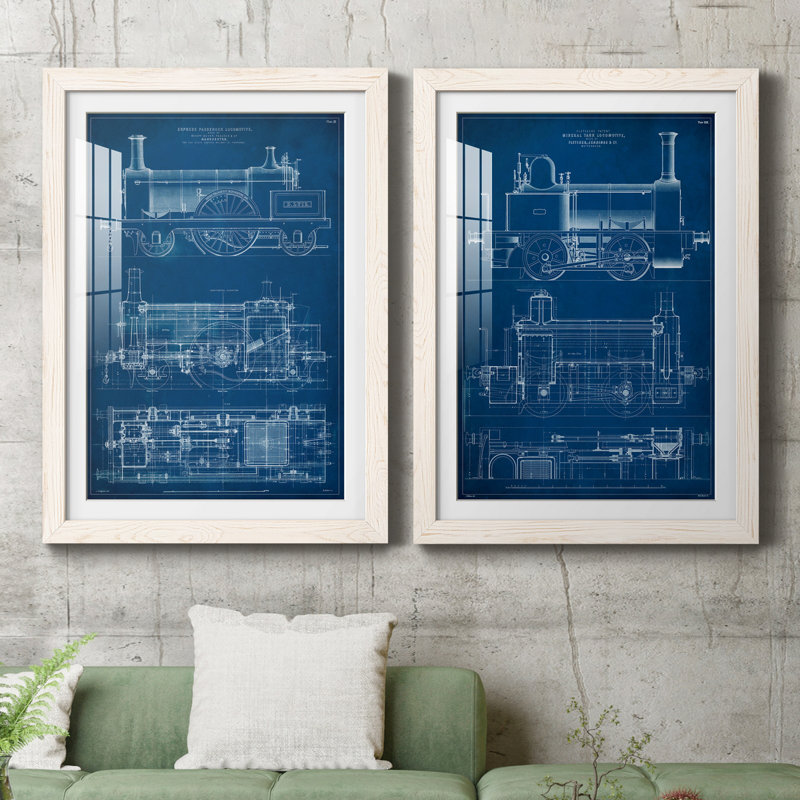 «Locomotive Blueprint I», ensemble de 2 reproductions d'art encadrées, Papier encadré blanc, H 31,5 po x l 47 po x P 1,5 po