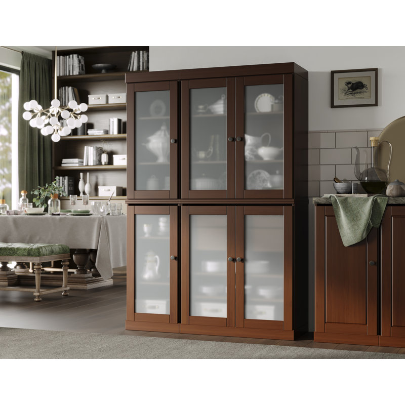 100% Solid Wood 48.5" Pantry Cabinet with Frosted Glass Doors, 2-Drawers and Adjustable Shelves, Mocha