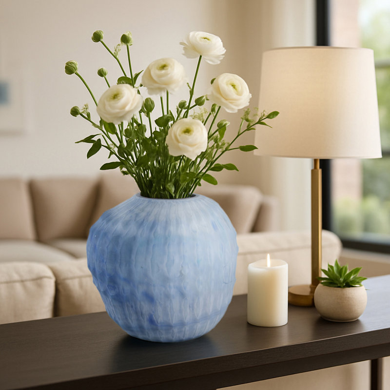Ribbed Glass Vase With Abstract Pattern For Flower Arrangements - Modern Tall Vases Ideal For Tabletop Or Home Decor Display - Blue