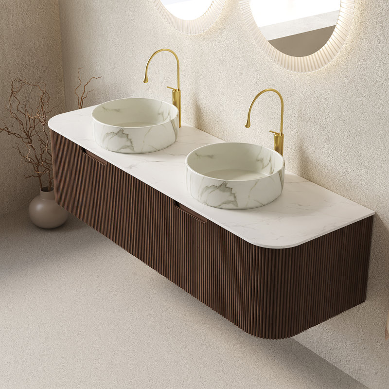 DINA 60" Bathroom Vanity&Sinks, Floating Curved Edges Striped Storage Cabinet with 2 Drawers, 2 Stone White Round Ceramic Basins&Carrara White Sintered Stone Top, Pre-assemble, Dark Walnut Woodgrain